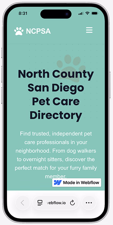 Webflow website for The North County Pet Sitters Directory